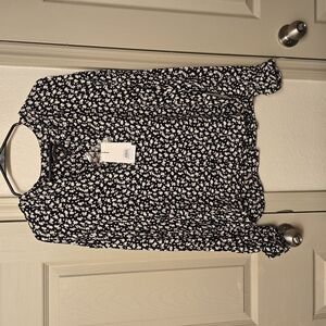 Something Navy Black and White Ruffled Long Sleeve Blouse